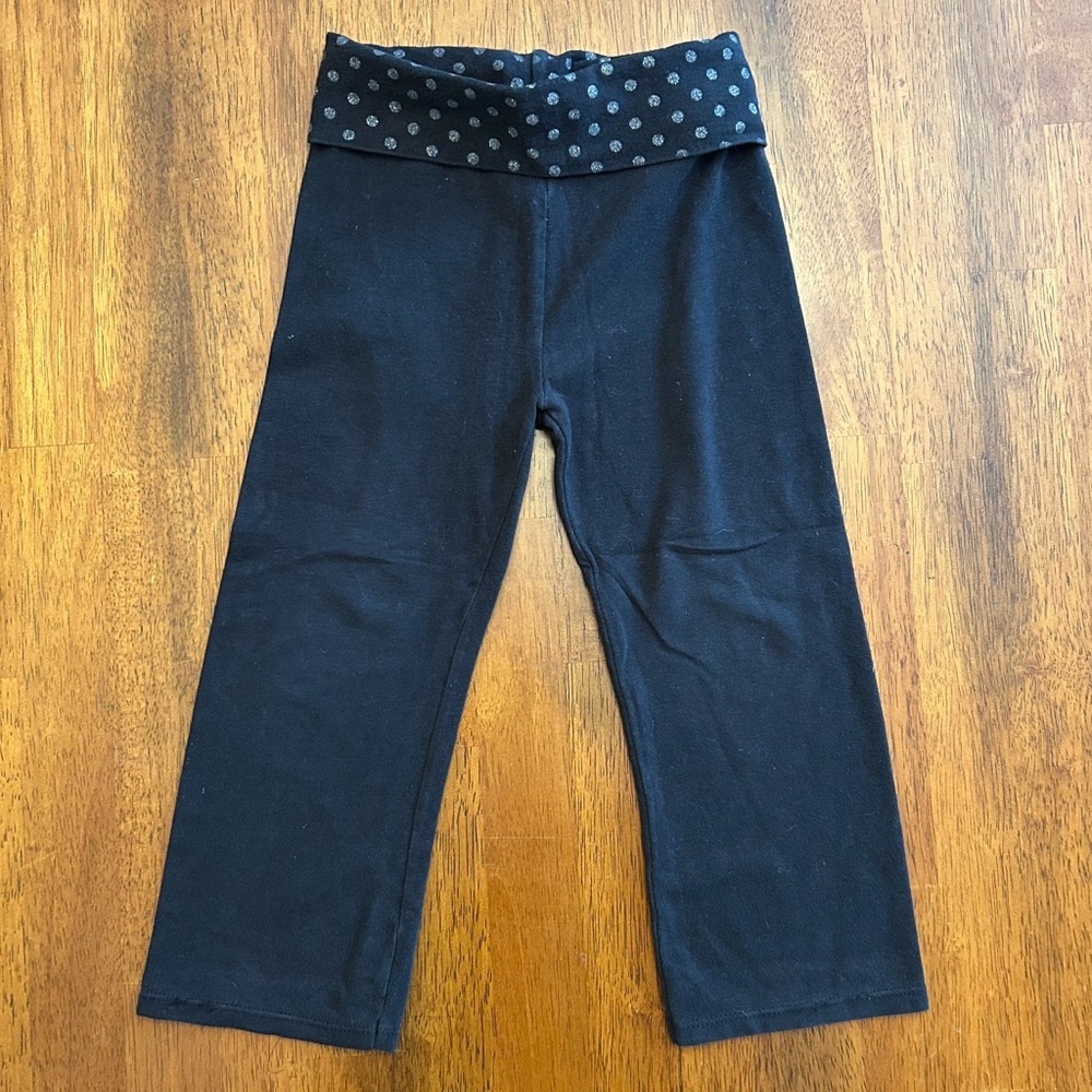 Toddler Bootcut Yoga Dance Pants Fold- Over Waist Black Glitter Dots Girl 3T